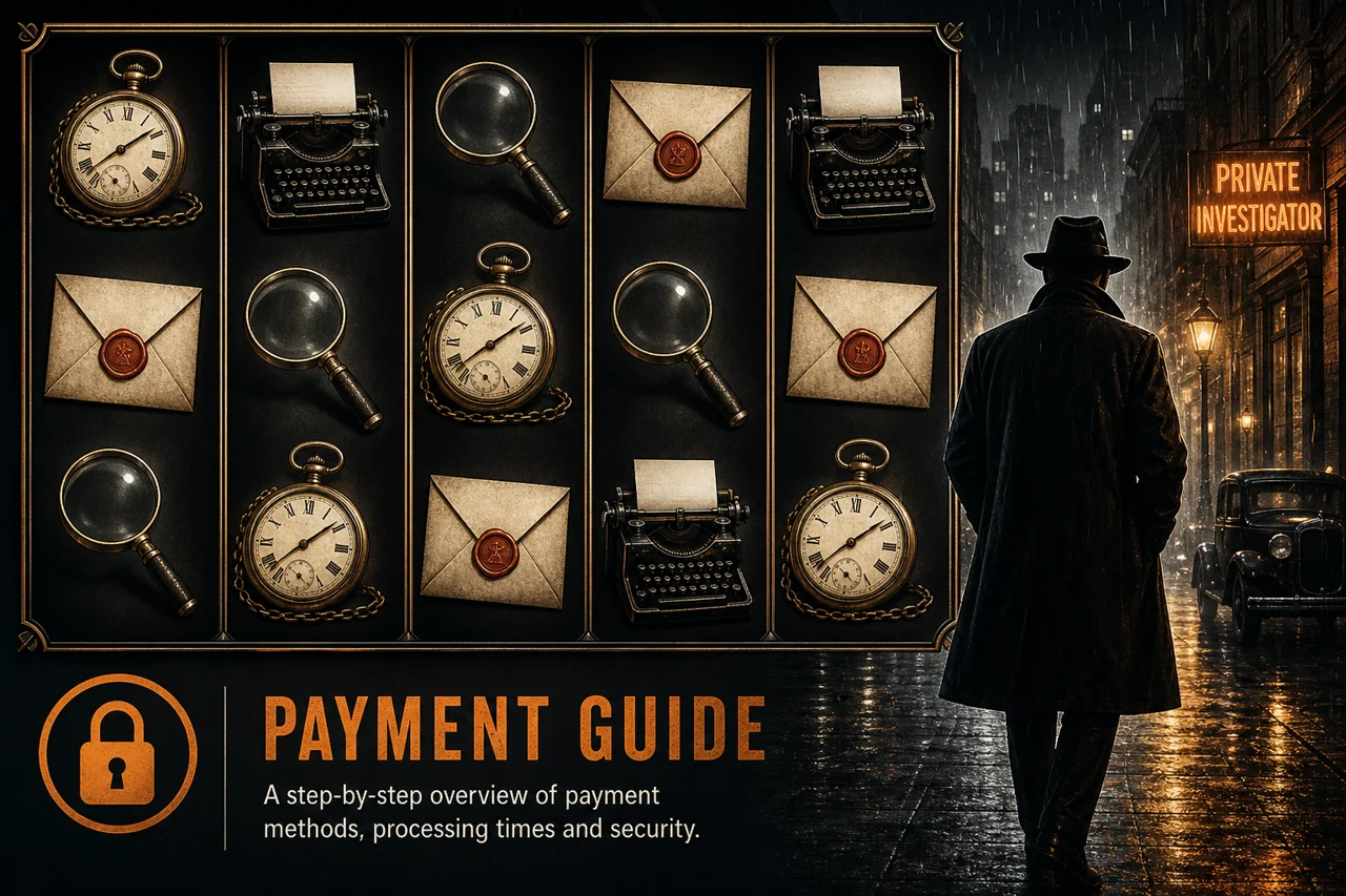 A sophisticated noir detective slot with five reels showing pocket watches, typewriters, magnifying glasses and sealed envelopes, adult detective silhouette in rainy 1940s street, orange and graphite