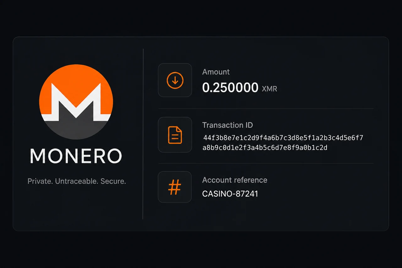 Monero privacy payment record, original orange-white Monero emblem, sparse dark interface with labels "Amount", "Transaction ID", "Account reference"