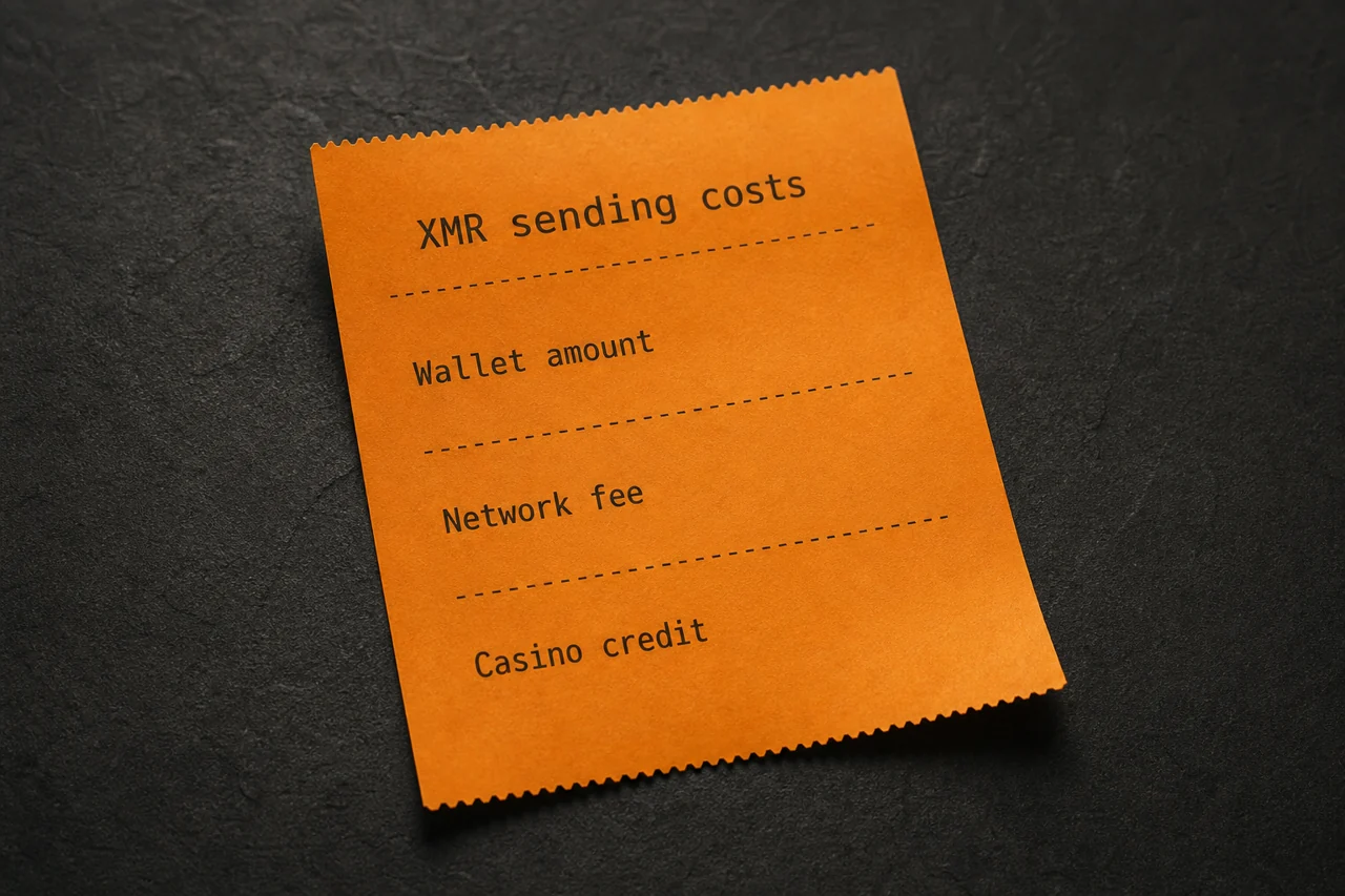Single dark orange receipt card titled "XMR sending costs", lines "Wallet amount", "Network fee", "Casino credit"