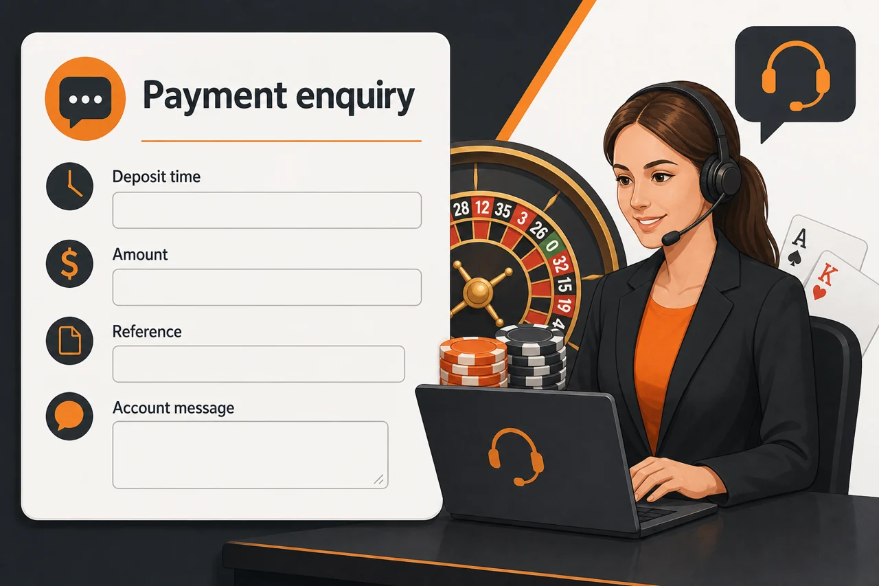 Support ticket illustration with title "Payment enquiry" and fields "Deposit time", "Amount", "Reference", "Account message"
